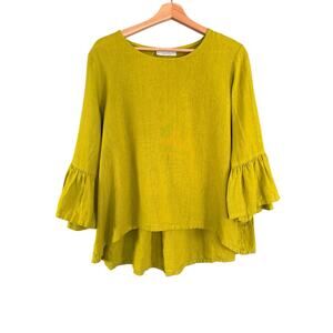 Bryn Walker Chartreuse Linen Fran Ruffle Sleeve Top Small Lagenlook Blouse Green